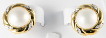 14 K Mabe Pearl Earrings with Omega Backs and diamonds 3