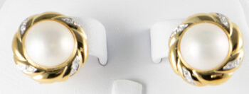 14 K Mabe Pearl Earrings with Omega Backs and diamonds 1
