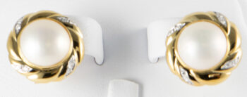 14 K Mabe Pearl Earrings with Omega Backs and diamonds 2