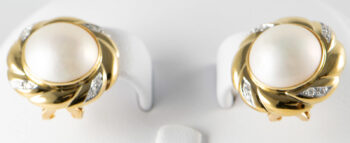 14 K Mabe Pearl Earrings with Omega Backs and diamonds 8