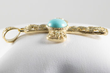 14 K Y Filigree Cross With Round Larimar 10
