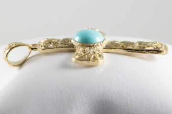 14 K Y Filigree Cross With Round Larimar 9