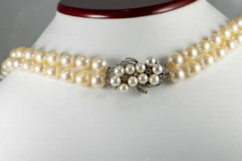 Vintage CLASP Pearl Double Strand Necklace 14 K W Dia Clasp 2