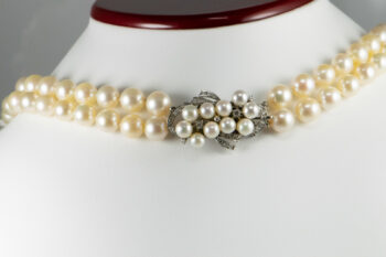 Vintage CLASP Pearl Double Strand Necklace 14 K W Dia Clasp 5