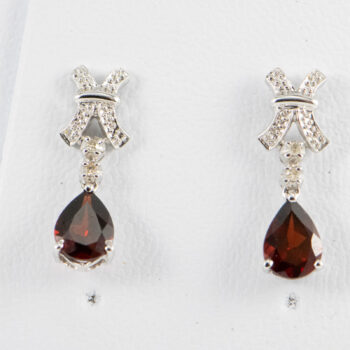 14 K White Gold Oval Garnet Earrings with Dias 4