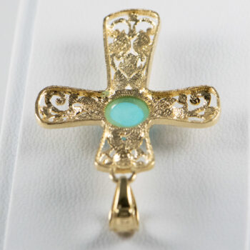14 K Y Filigree Cross With Round Larimar 14