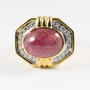 18 K Y Oval Cabuchon Ruby and Diamopnds Lds Ring 12