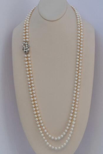 Vintage Pearl Double Strand Necklace 14 K W Dia Clasp 10