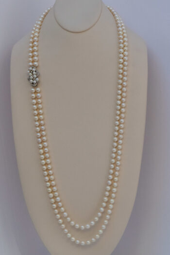 Vintage Pearl Double Strand Necklace 14 K W Dia Clasp 12