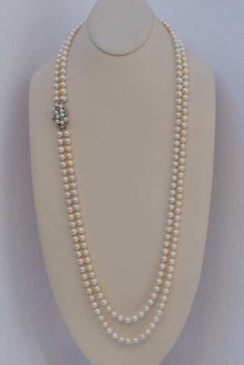 Vintage Pearl Double Strand Necklace 14 K W Dia Clasp 13