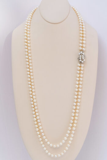 Vintage Pearl Double Strand Necklace 14 K W Dia Clasp 2