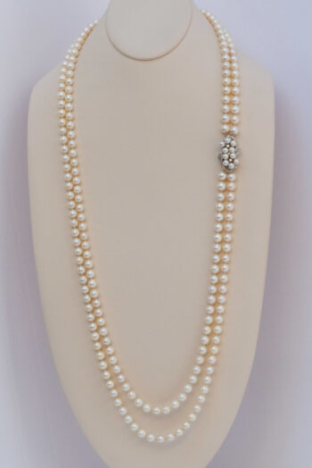 Vintage Pearl Double Strand Necklace 14 K W Dia Clasp 5
