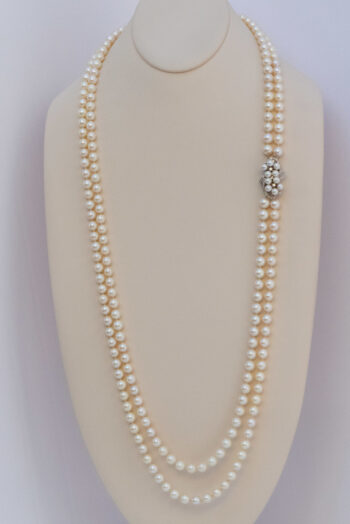 Vintage Pearl Double Strand Necklace 14 K W Dia Clasp 6