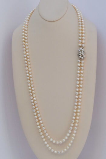 Vintage Pearl Double Strand Necklace 14 K W Dia Clasp 7