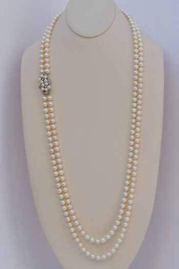 Vintage Pearl Double Strand Necklace 14 K W Dia Clasp 8