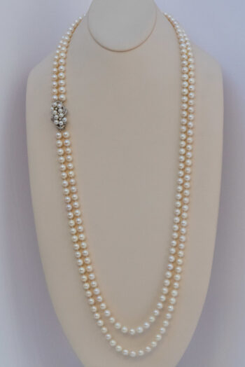 Vintage Pearl Double Strand Necklace 14 K W Dia Clasp 9