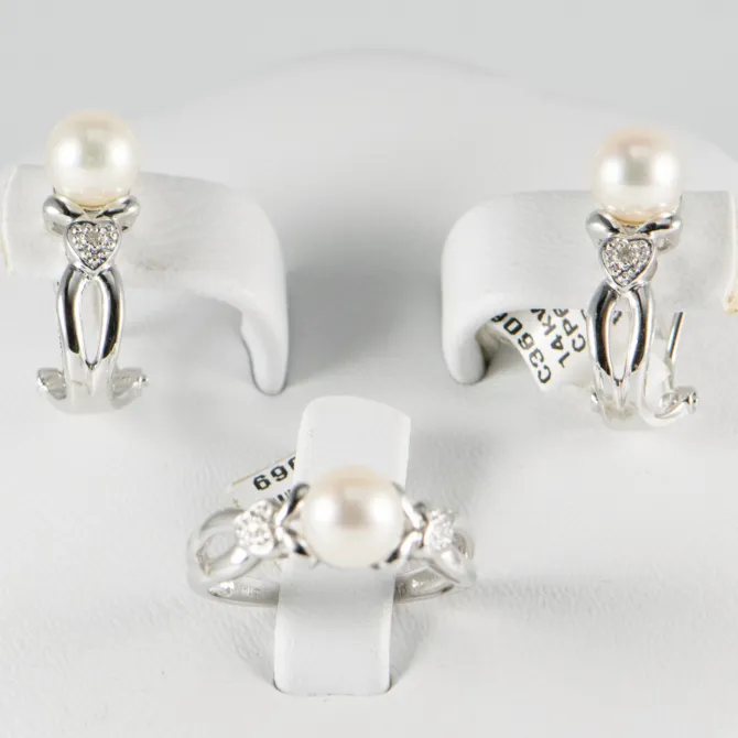 14 K White Cultured Pearl Dias Set Earr Ring 1