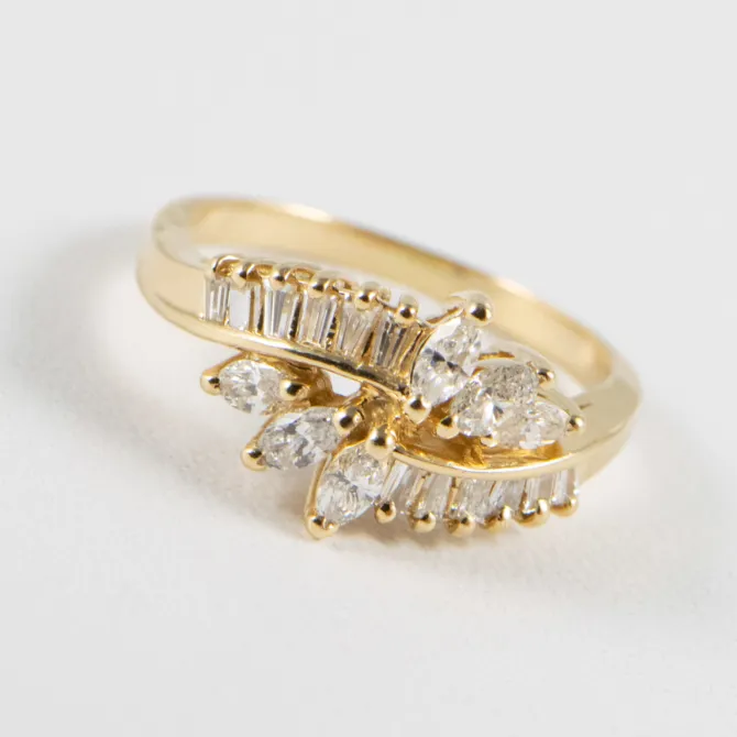 14 K Yellow Gold Diamond Ring with Marquis and Baguettes 9