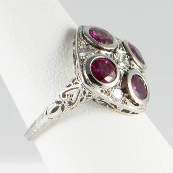 Platinum Ladies Ring with Rubies and Diamonds Pre owned 8