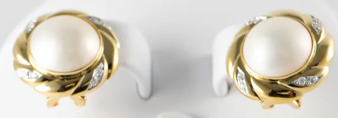 14 K Mabe Pearl Earrings with Omega Backs and diamonds 12