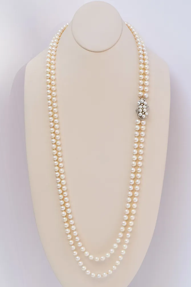Vintage Pearl Double Strand Necklace 14 K W Dia Clasp 1